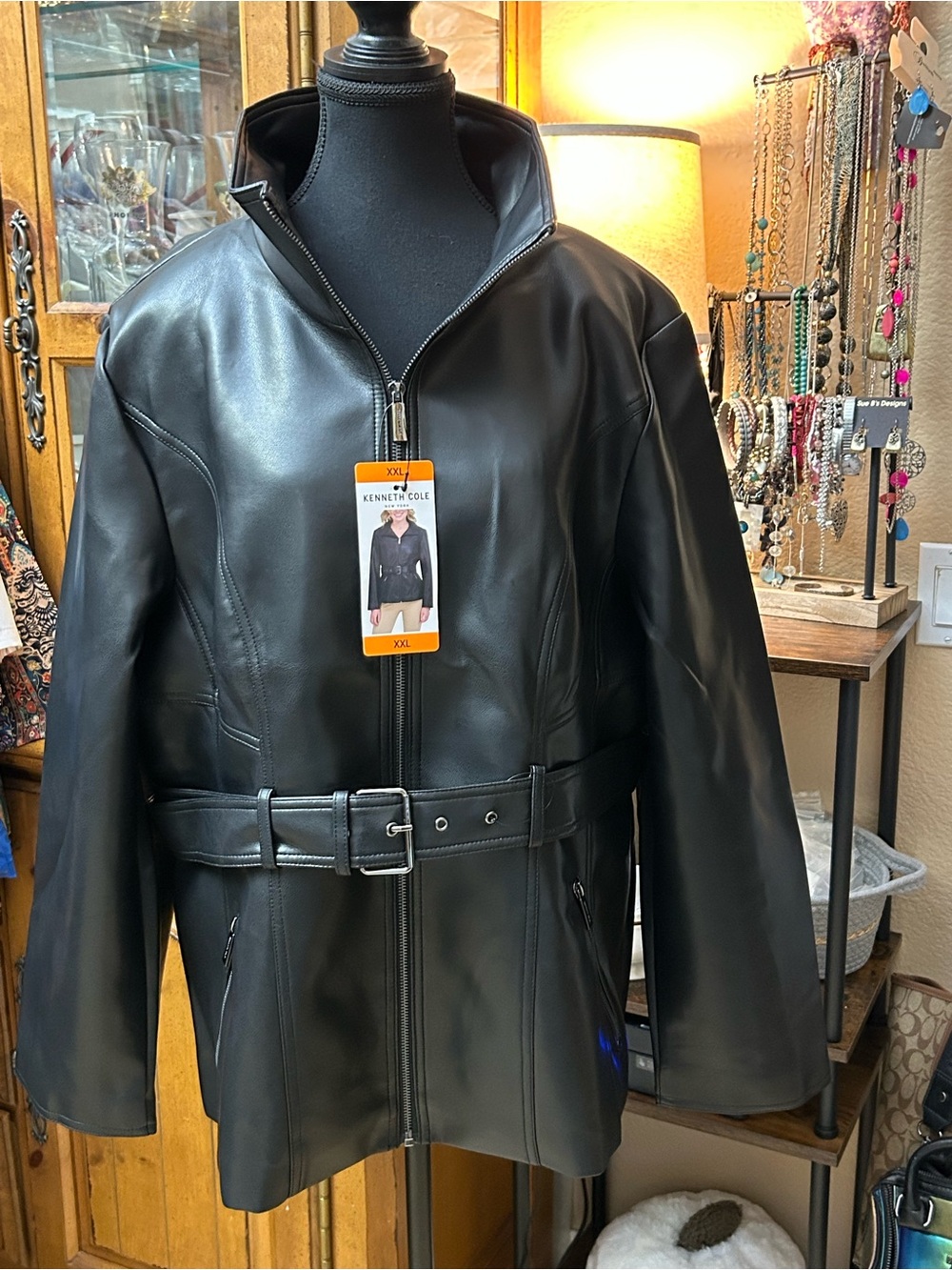 Kenneth Cole Black Leather Belted Bomber Jacket